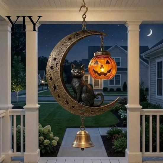 Halloween Wind Chime Black Cat Moon Chime, Gothic on Crescent Bell Glowing Pumpkin Lantern with Lantern, Hanging Ornament for Porch Door Yard