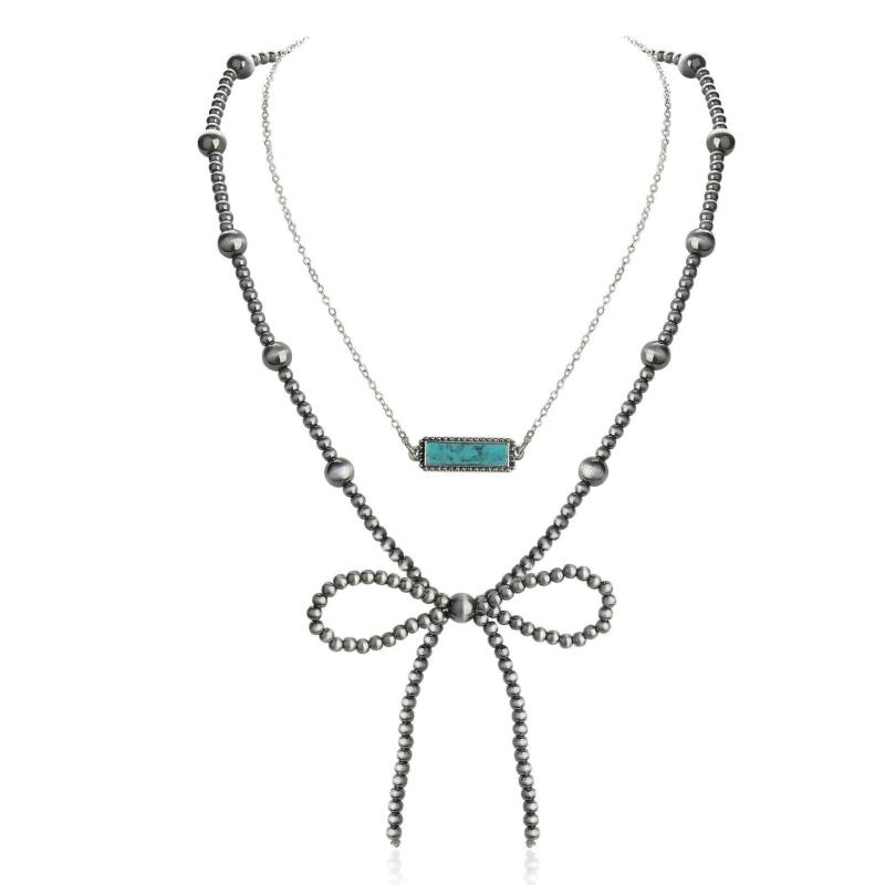 Elegant Bowknot Charm Necklace Adjustable Chain Length Neckchain Turquoise Beaded Choker Accessory for Daily Wear