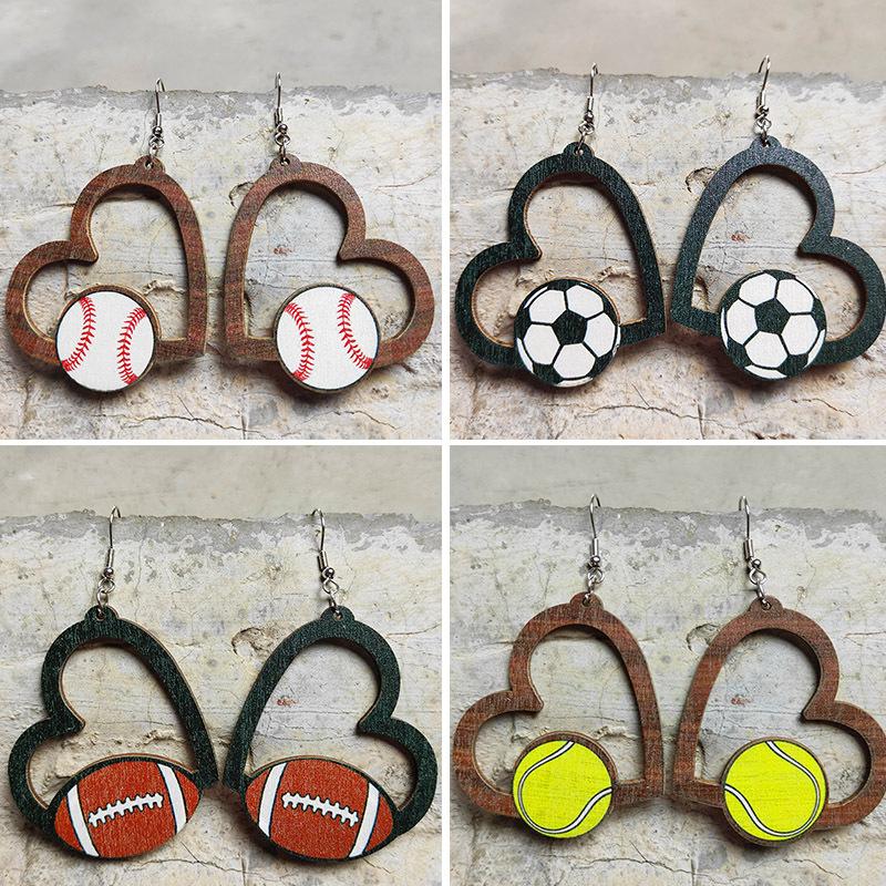 Heart-shaped sports earrings, football, World Cup, baseball, rugby, basketball, tennis, volleyball, geometric hollow earrings