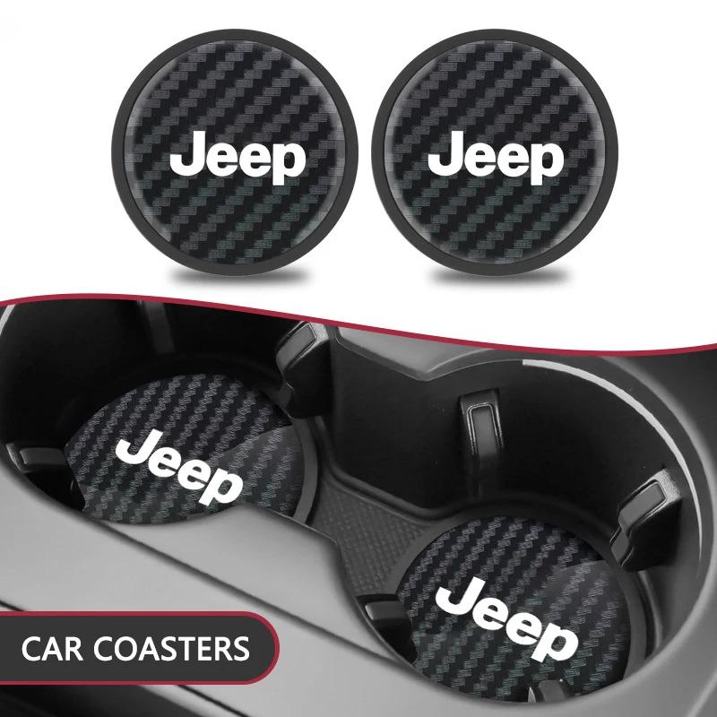 AQI1 2Pcs Carbon Fiber Texture Car Coaster Interior Cup Mat for Jeep Wrangler Grand Cherokee Avenger Compass Wagoneer Patriot