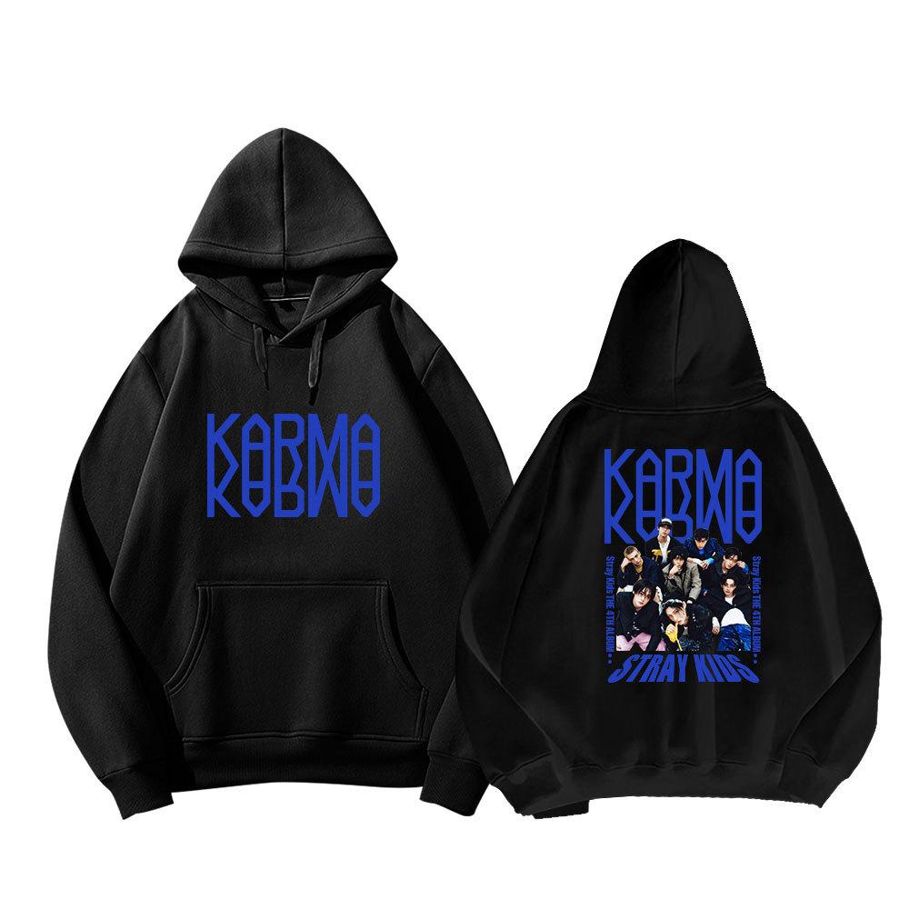 Stray Kids Худи Karma на флисовой подкладке Черный пуловер Свитшот Kpop 4-й альбом Графический принт Повседневный уличный стиль Зимний теплый Унисекс Топ с капюшоном