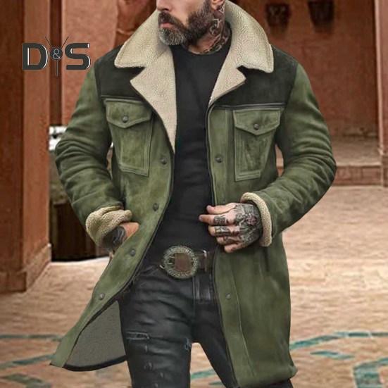 Men Jacket Large Plush Lapel Long Sleeve Vintage Suede Jacket with Pockets Zipper Up Mid-length Motorcycle Coat