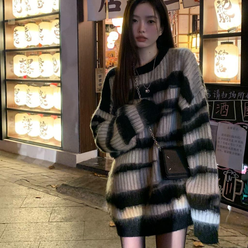 Y2K гранж черный полосатый свитер женский Harajuku корейский оверсайз зимний пуловер трикотажные изделия хиппи винтажный вязаный джемпер