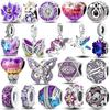 925 Silver Purple Series Beads Clip Flower Heart Star Charms Butterfly Grapes Dangle Bracelet Jewelry Gift