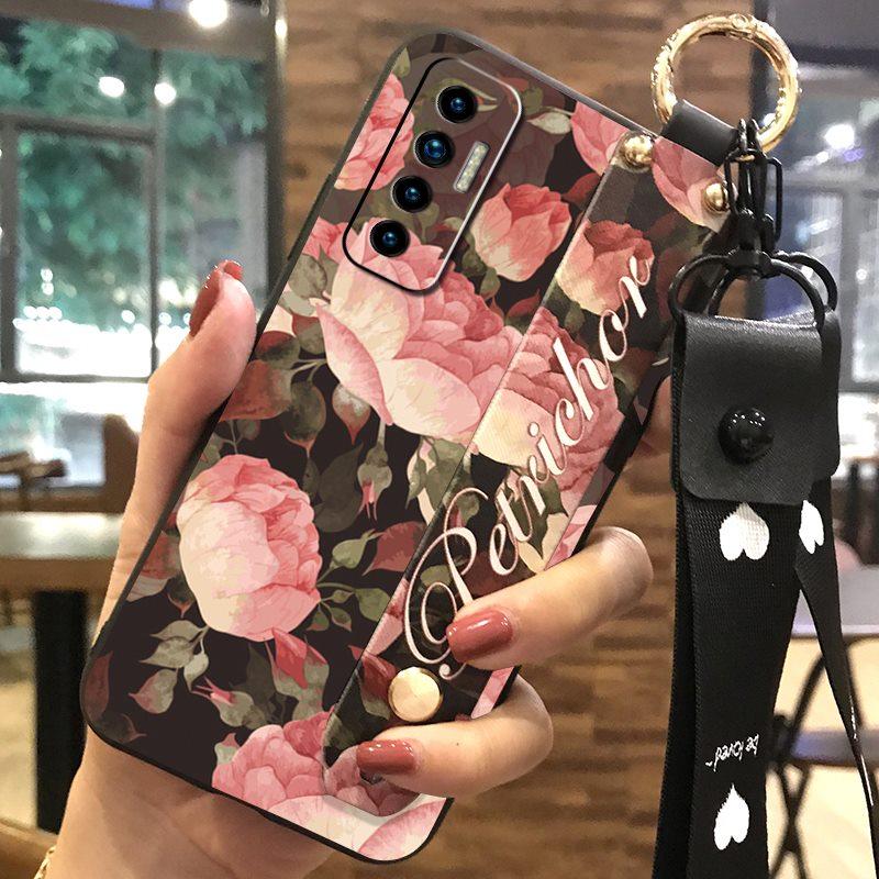 Soft Case Silicone Phone Case For Tecno Camon17P Dirt-resistant Flower Durable Wrist Strap Wristband Lanyard Ring