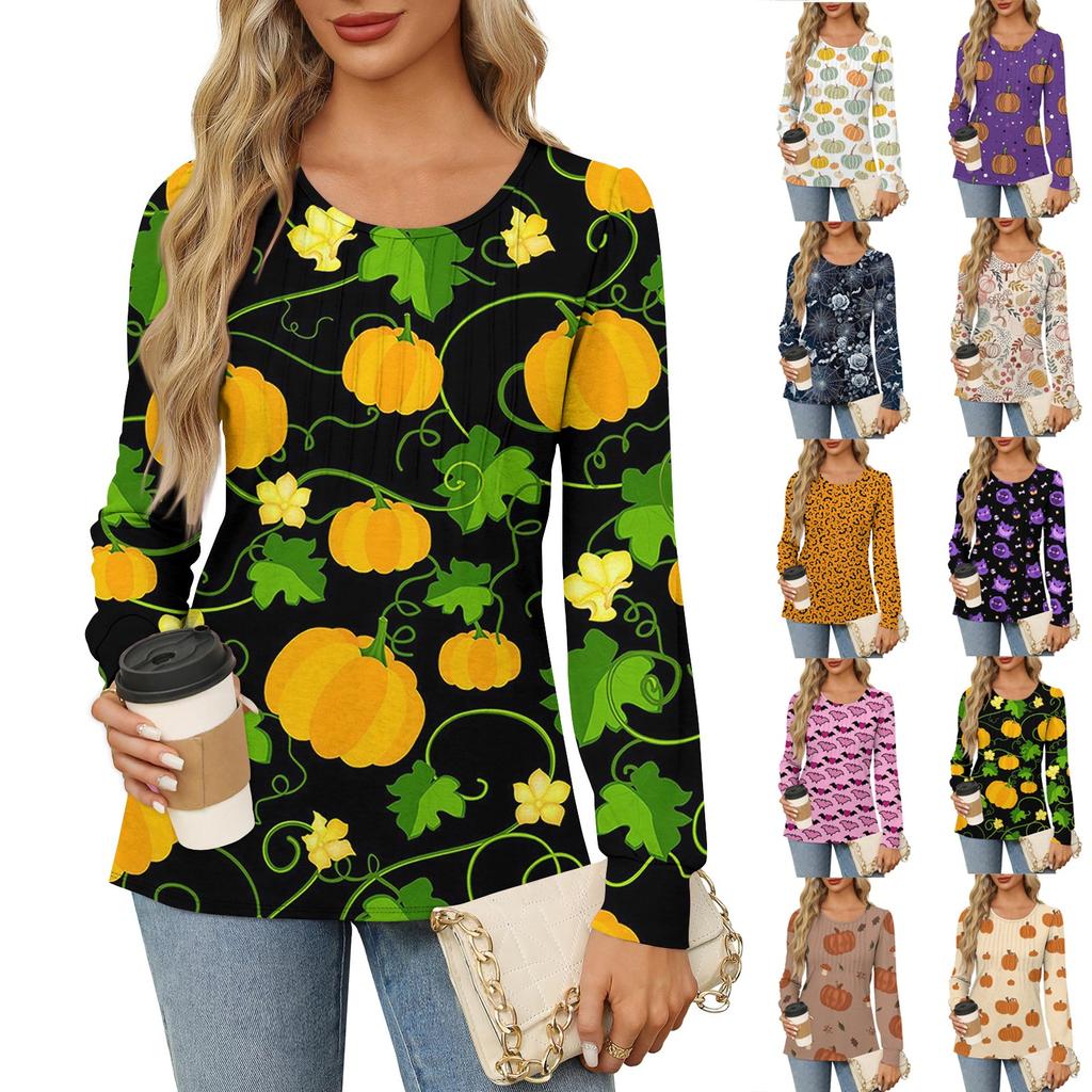 Long Sleeve Shirts For Women Cute Print Graphic Tees Blouses Dressy Casual Blouses Pleated Scooped Neck Tunic Tops Halloween
