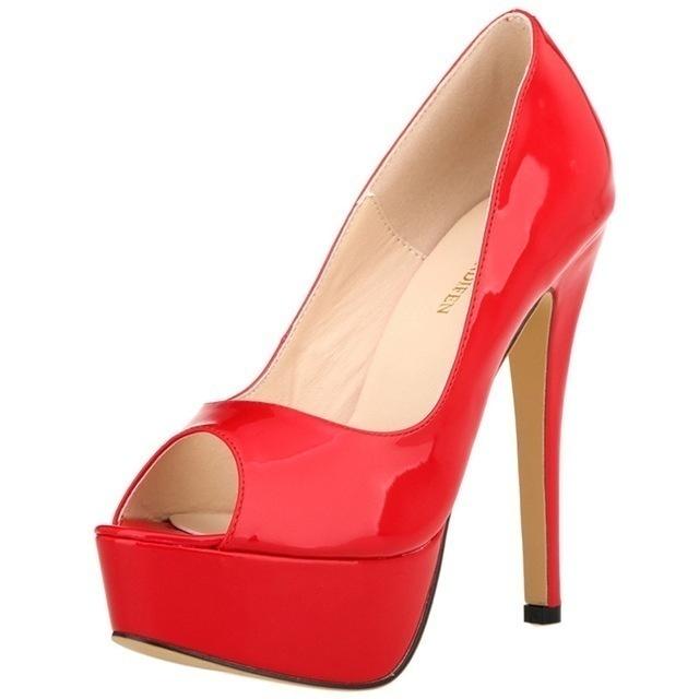 Women Pumps Sexy Peep Toe Platform 14cm Super High Heels Patent Leather Pumps Black Party Dress Red Wedding Shoes Stilettos Shoe