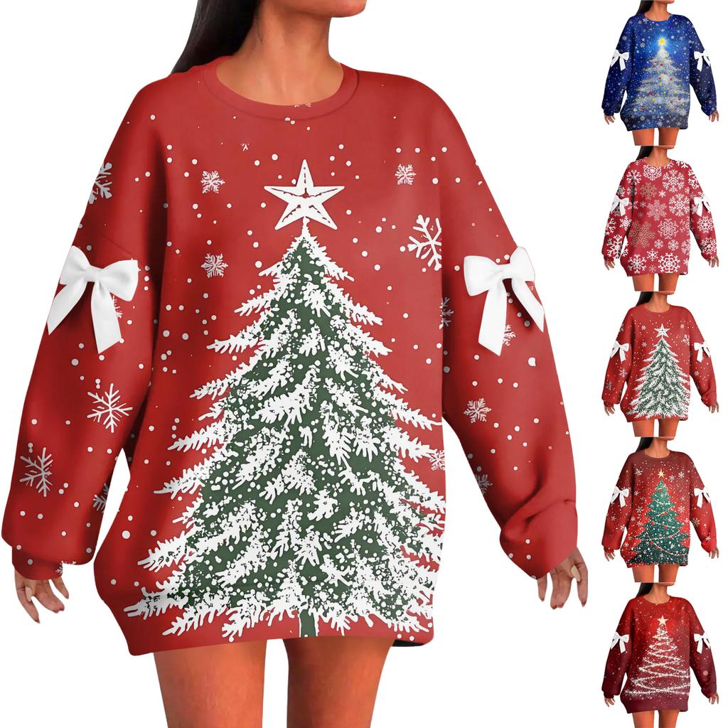 Женский рождественский пуловер с принтом и бантом, с круглым вырезом, длинными рукавами, свободного кроя