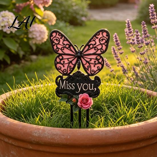 Garden Flower Bed Decoration Butterfly Memorial Stake Miss You Sign Pink Waterproof Ornament Rose Yard Art Stake for Lawn Courtyard Cemetery Weather