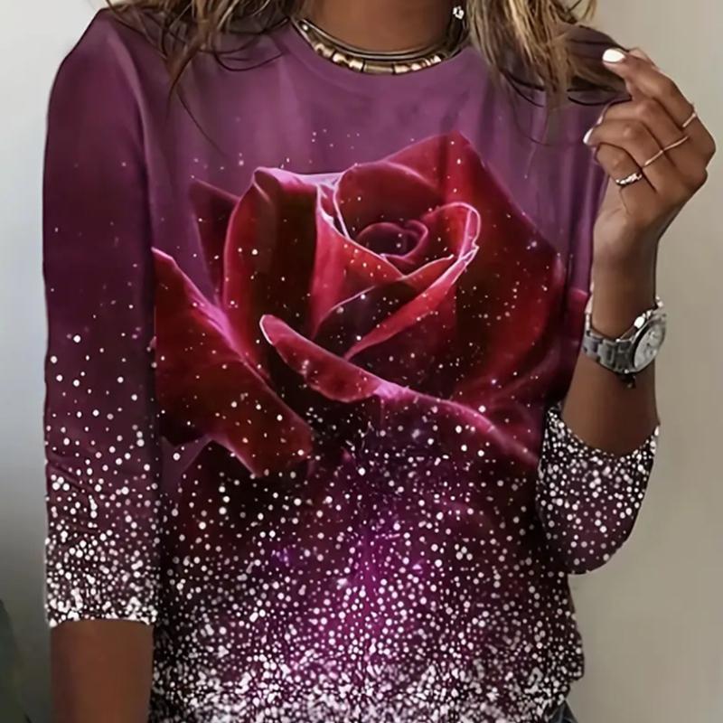 Tops For Women Snowflake Rose Print Round Neck Long Sleeve T-shirt Fall Casual Slim Pullover Women's Long Sleeve Top