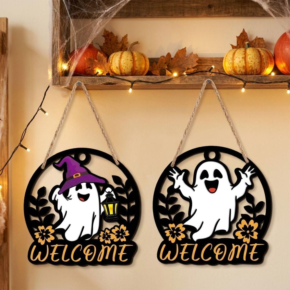 Hollow Out Welcome Wooden Wall Sign Cartoon Halloween Front Door Decor Living Room
