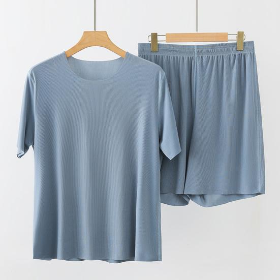 2Pcs/Set Men Loungewear O-Neck Short Sleeve Tops Elastic Waist Wide Leg Shorts Set Solid Color Ice Silk Homewear Seamless Pajama Set