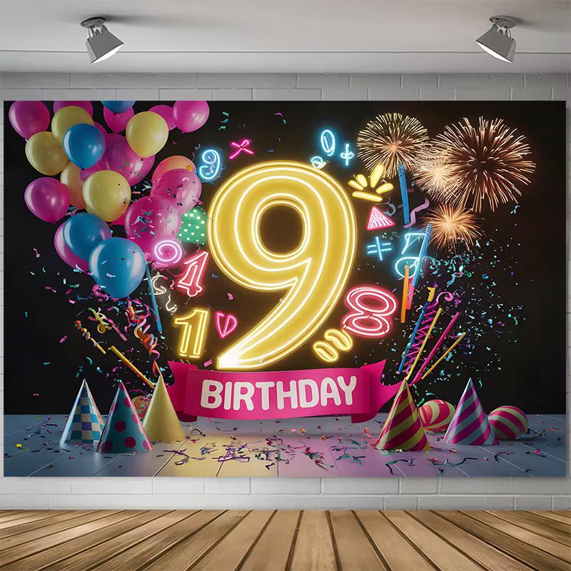 2D Black Background 9th Neon Happy Birthday Photography Background