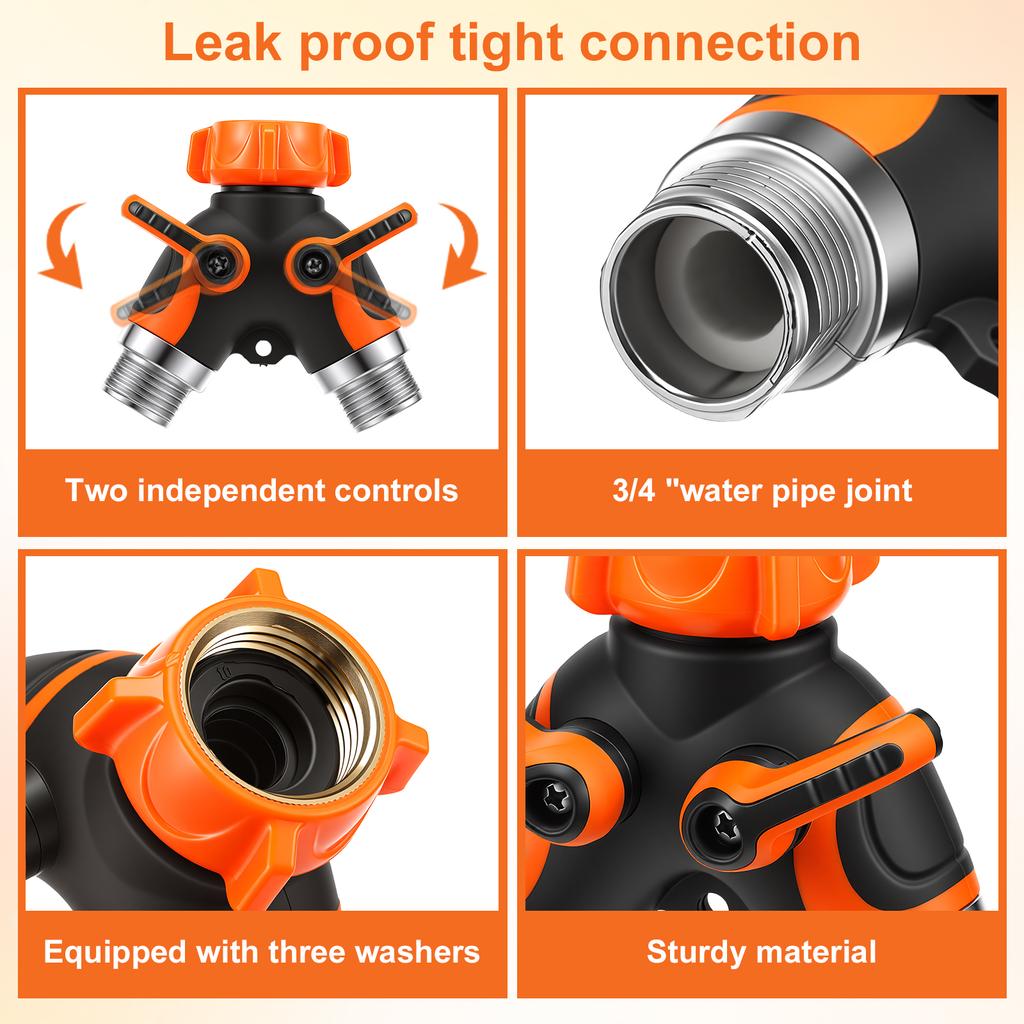 2 Way Hose Splitter Heavy Duty Metal Y Garden Hose Splitter with Shutoff Valves Outdoor Faucet Adapter 3/4 Inch GHT Water Hose C