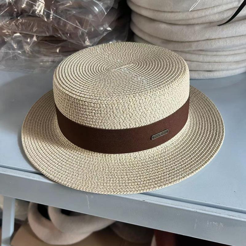 Internet celebrity straw hat children spring and summer French flat top top hat British sunshade sun protection seaside flat edge wide brim men and w