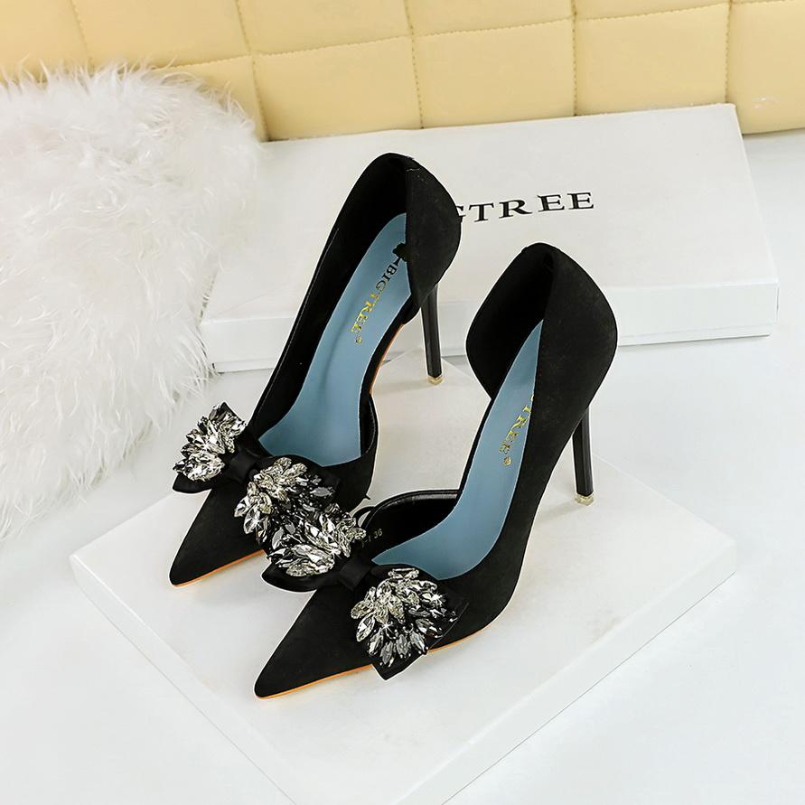 High Heels Slim Heels Shallow Mouth Pointed Side Hollow Fabric Surface Ultra High Heels Rhinestone Bow Single Shoes