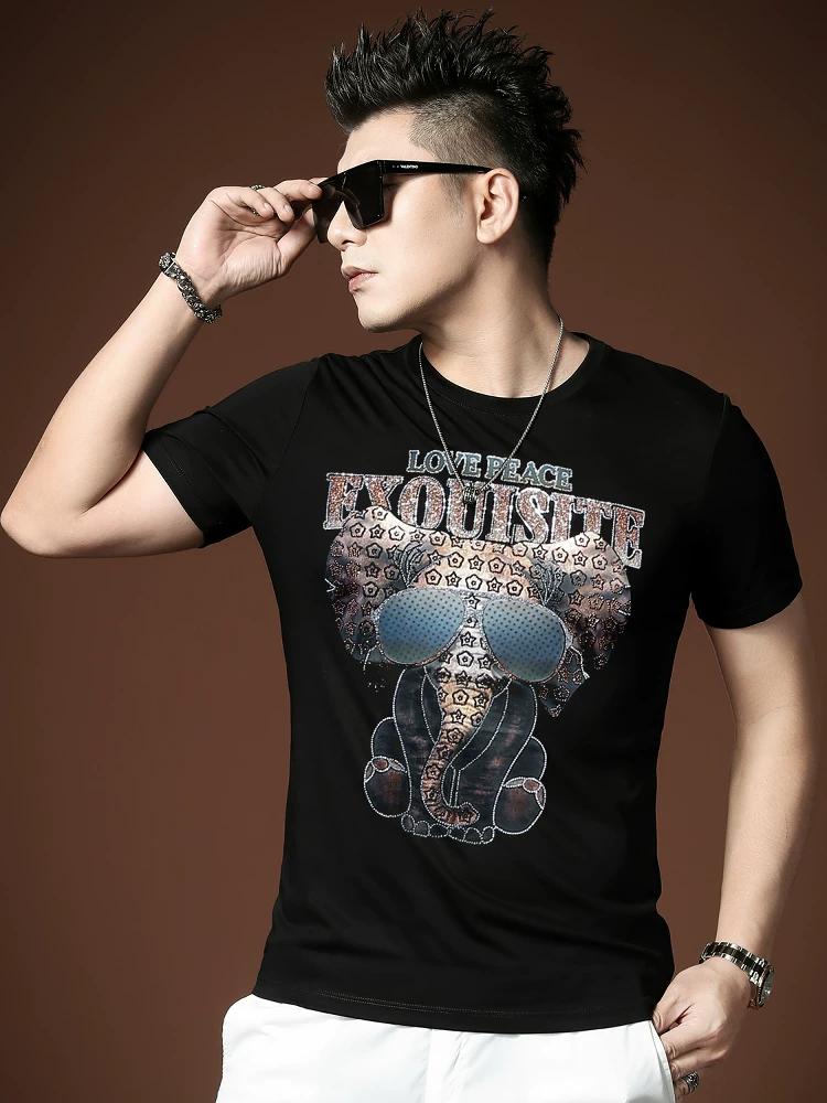 European Trendy Brand Men's High-End Short-Sleeve T-Shirt 2025 New Summer Elephant Rhinestone Print Round Neck T-Shirt