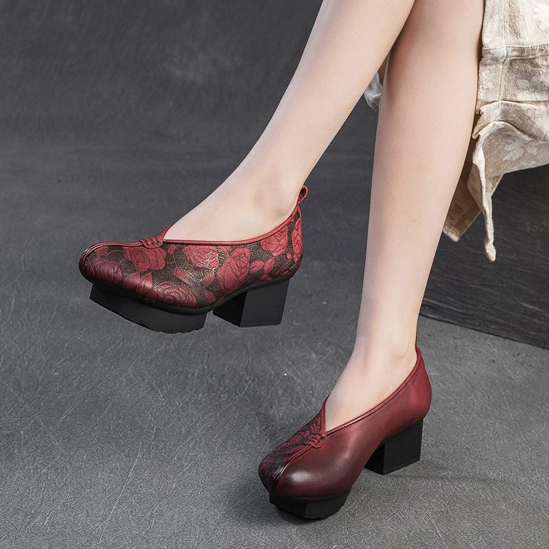 Мода GKTINOO Весна Осень Этнический Стиль Круглый Носок Высокий Каблук Туфли для Мамы Кожаная Платформа Ретро Натуральная Кожа Лодочки Женская Обувь