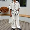 2PCS Men Short Sleeve Striped Stitching Shirts and Long Pants Outfits Sets