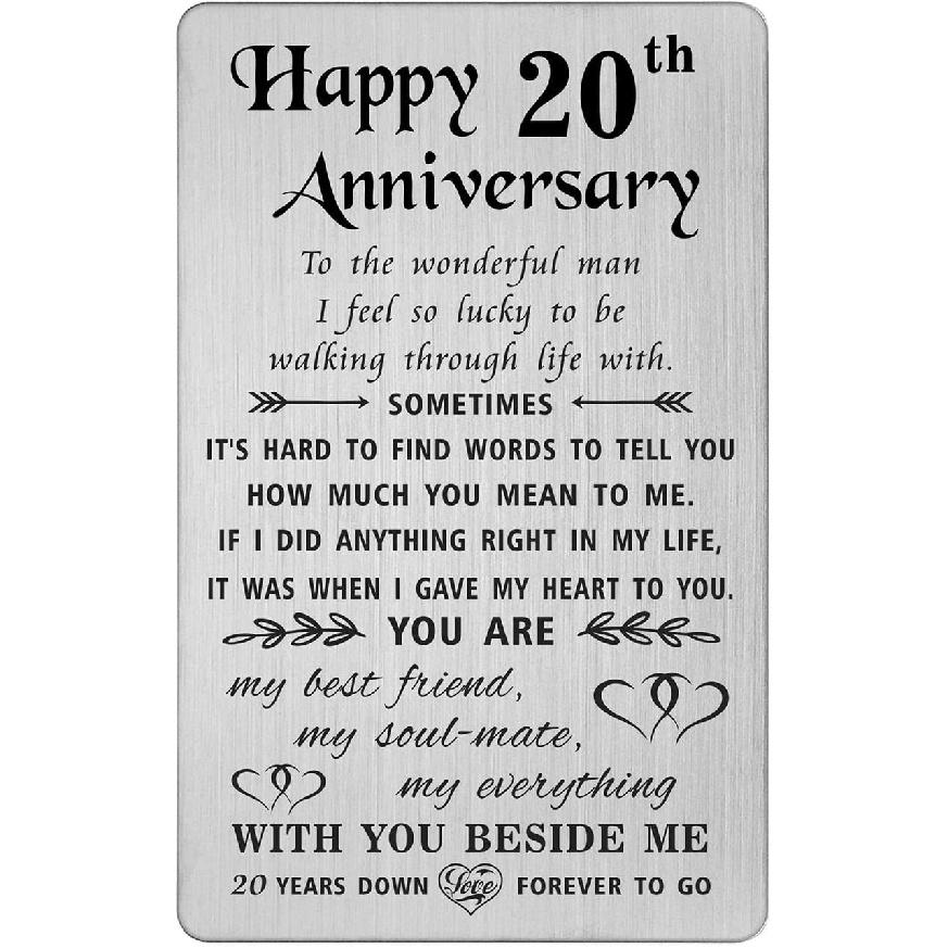 TANWIH Happy 20th Wedding Anniversary Card Gifts for Him Husband, 20 Year Anniversary Cards Gift for Men, Engraved Metal Wallet Insert