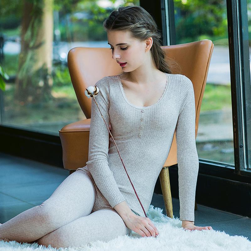 Женский Хлопково-Шерстяной Комплект для Похудения: Полосатые осенние брюки и теплый корректирующий нижний бельевой свитер