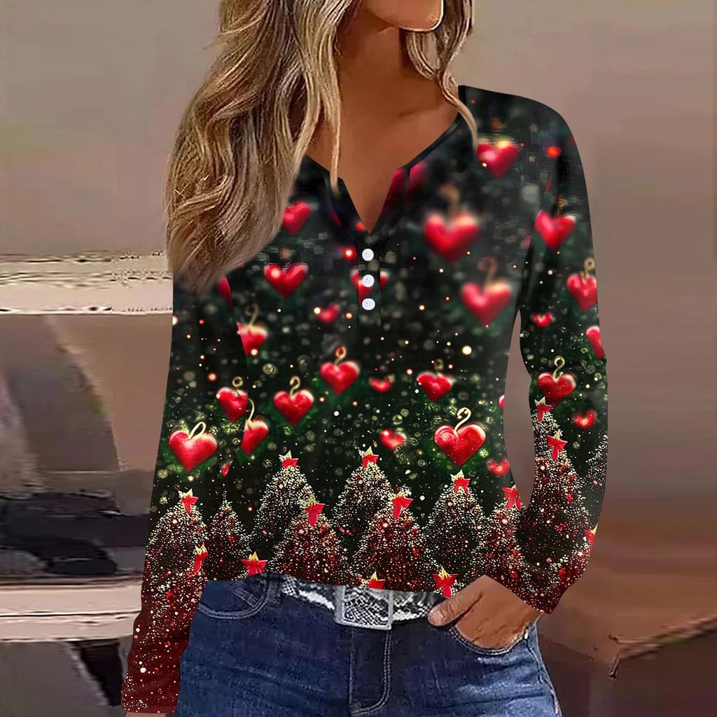 Женская футболка с рождественским принтом на пуговицах с длинным рукавом, повседневная, выходного дня, модная, базовая, с V-образным вырезом, обычная