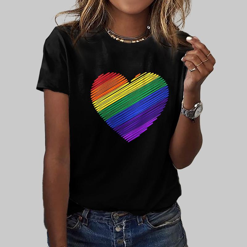 Fashionable Women's Rainbow Love Printed T-shirt Fun Casual O-neck Short Sleeve T-shirt Summer Women's T-shirt