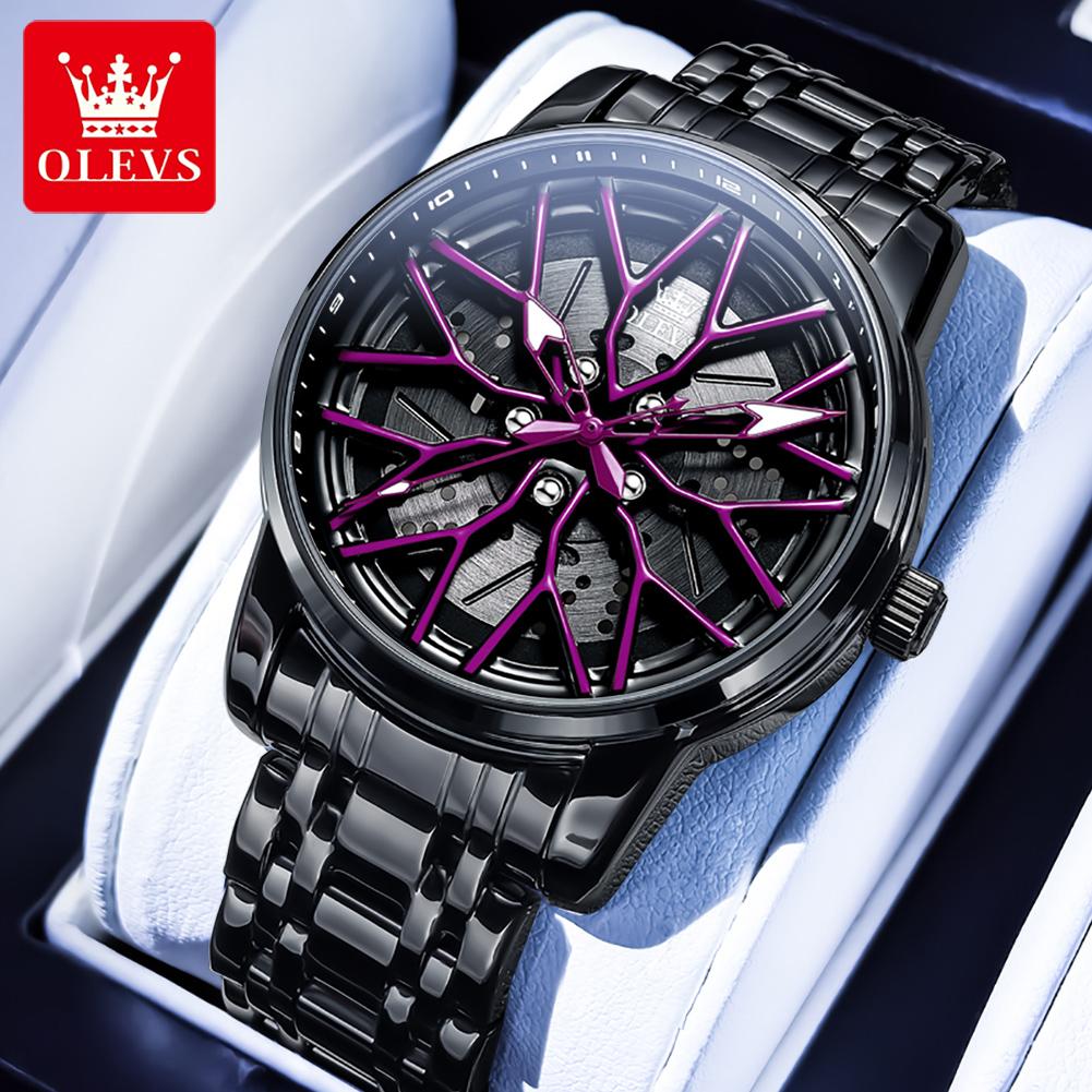 OLEVS Quartz Watch for Man Hollow Rotary Wheel Dial Original Black Stainless Steel Waterproof Luminous Men's Wrist Watches 3701