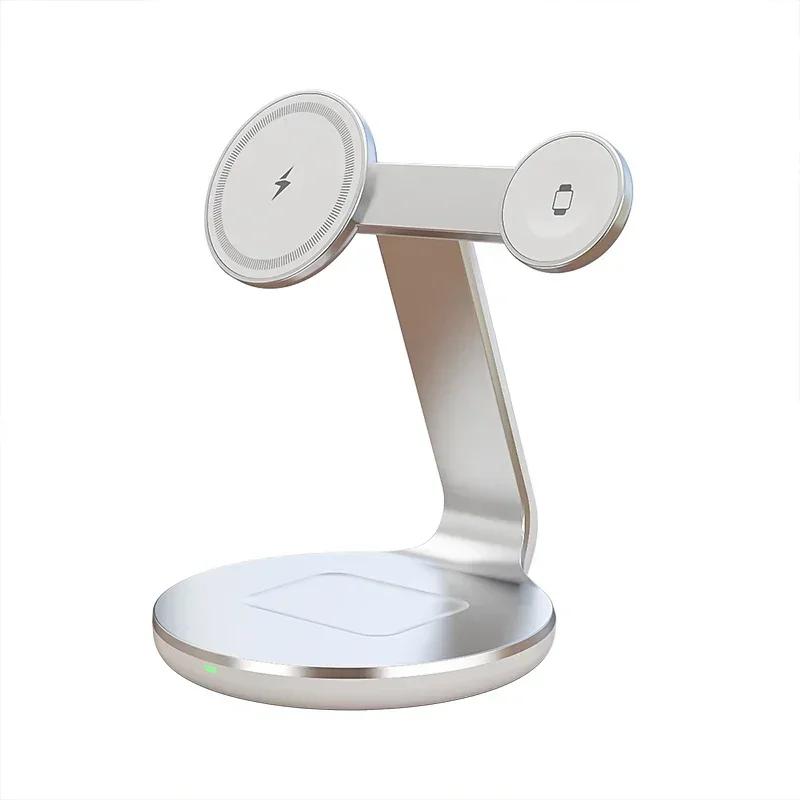 Металлическое 3 в 1 беспроводное зарядное устройство магнитная подставка держатель телефона быстрая зарядка для iPhone 16 15 14 13 Pro Max iWatch 9 8 7 Airpods 3 2