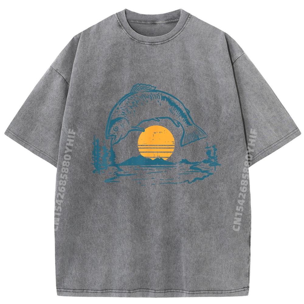 Bass Fish Sunset Moon Vintage Fishing Fisherman Angler Gift Graphic Tees Mens Loose Washed Short Sleeve T-Shirt Japan Style