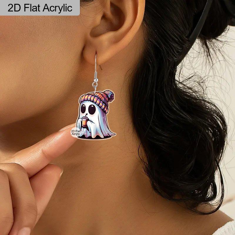 2D Flat Halloween Earrings Hooded Ghost Pattern Acrylic Dangle Earrings Halloween Theme Party Jewelry Gifts