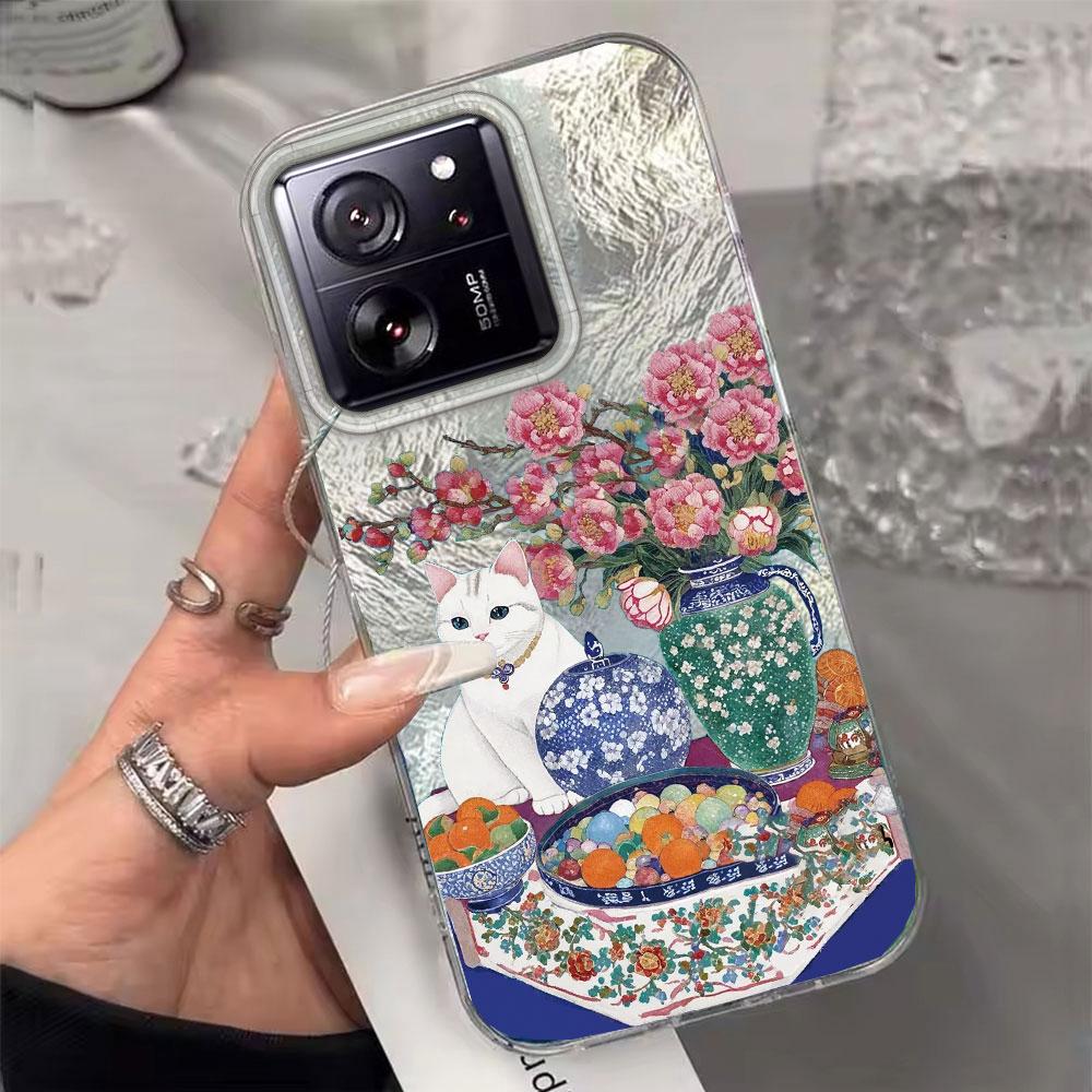 Retro Purple Cat Flower Women Phone Case for Xiaomi 13T 14T 11 Lite Poco X5 M6 Pro X6 X7 X3 Pro NFC C75 C71 C65 C61 M5S Cover
