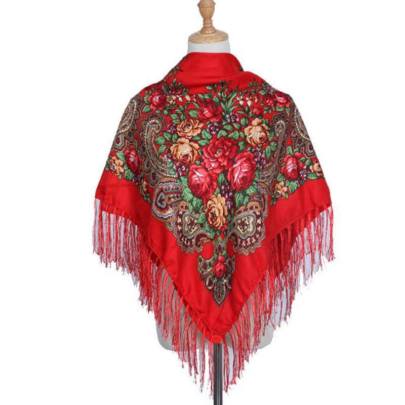 90*90cm Enthic Style Russian Women's Square Scarf Shawl Retro National Fringed Print Scarves Winter Ladies Head Wraps