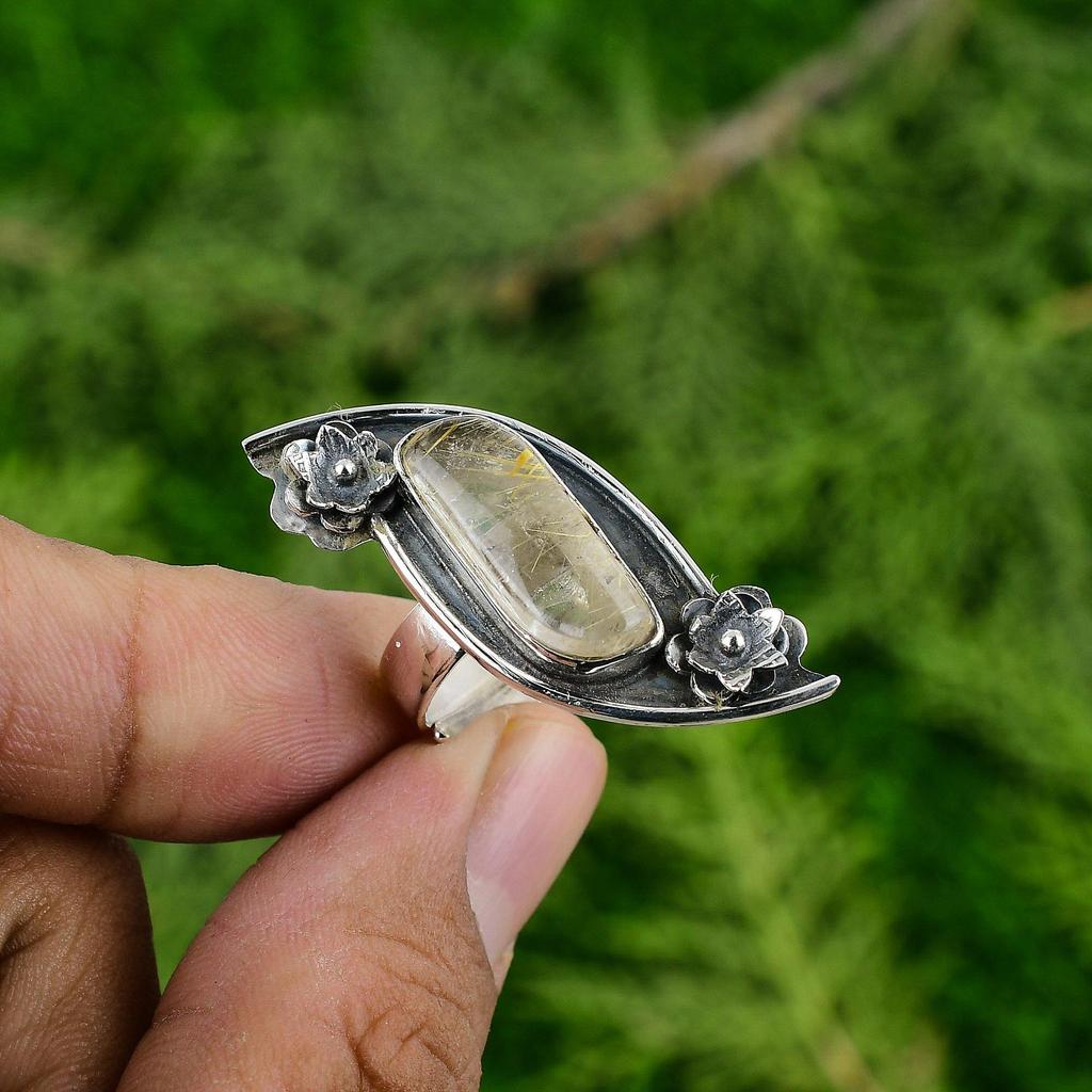 Кольцо-обещание из стерлингового серебра 925 пробы с натуральным золотистым рутилом и мультикамнем в форме цветка в безеле