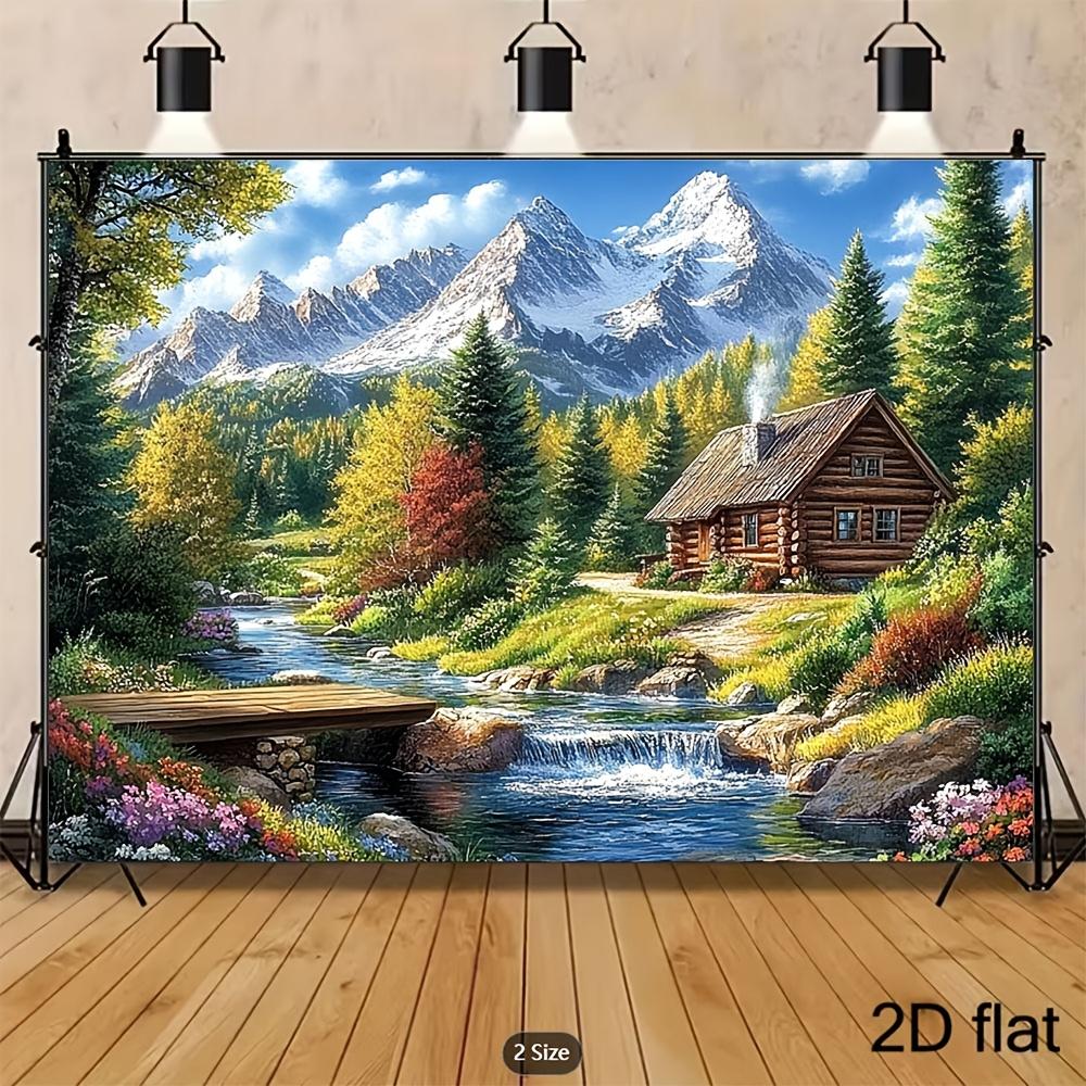 2D plane, 1 piece of mountain cabin landscape background fabric, suitable for home wall decoration, photography, and parties