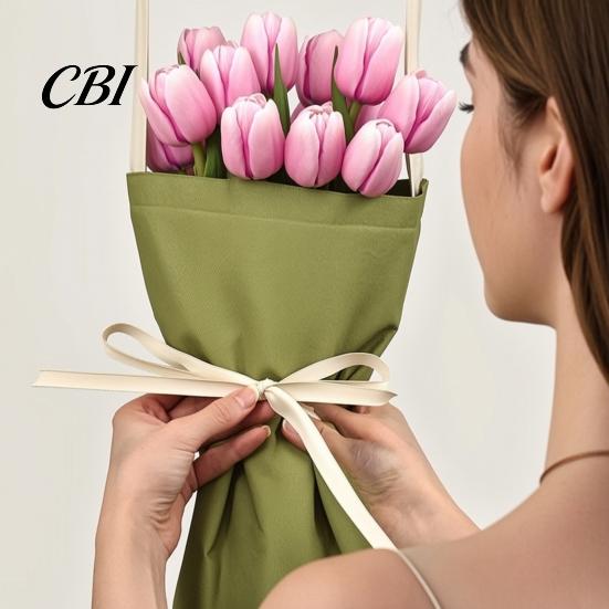 Handheld Bouquet Bag with Bow Canvas Flower Carrying Handle, Reusable Floral Tote Bag, Fresh Gift Wrap Flowers Packaging Holder for Garden,
