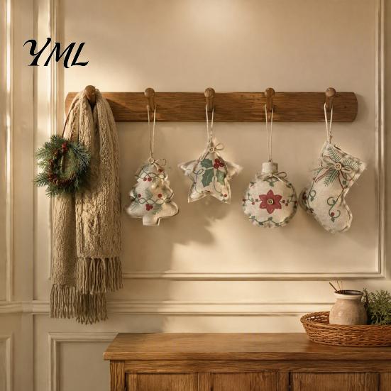 Farmhouse Christmas Stocking Ornaments Burlap Ornaments, Rustic Linen Fabric Hanging Decoration, Tree Ball Vintage Style Xmas Decor Star Shaped