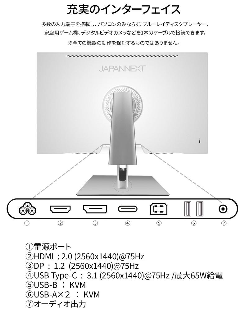 JAPANNEXT IPS WQHD белый цветной ЖК-монитор HDMI DisplayPort USB до 65 Вт питания Эквивалент HDR400 Оснащен плоской подставкой Кабель в комплекте 27 дюймов