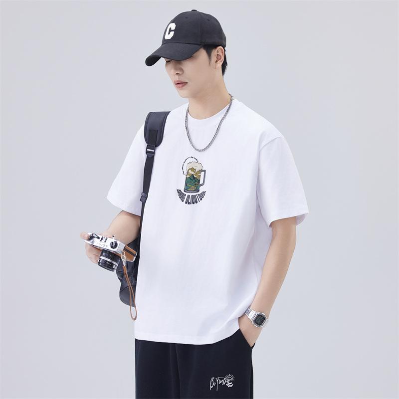 New Summer Short-sleeved Men's T-padded Heavy Print Loose Shoulder-down Round Neck T-shirt Short-sleeved