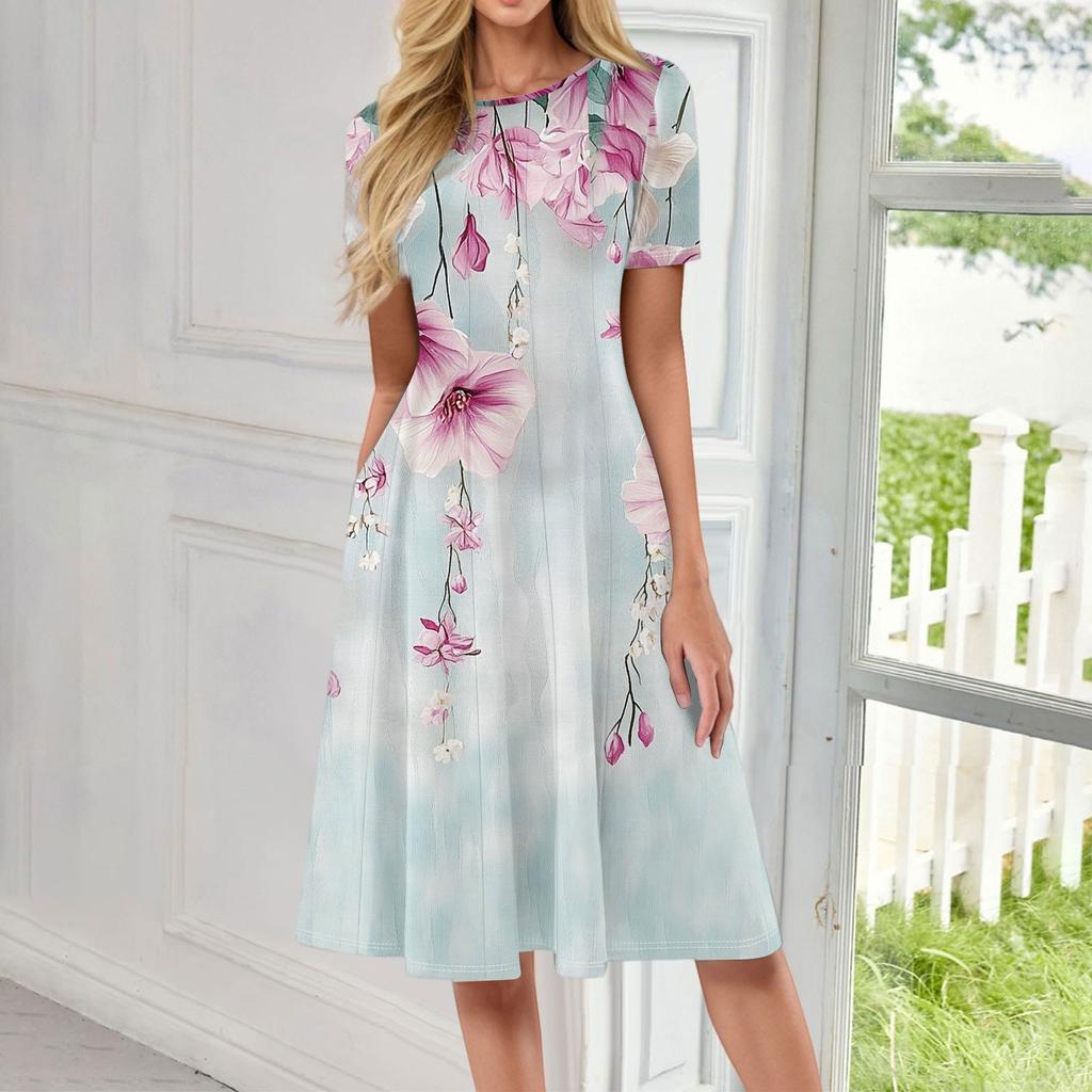 Women's Fashionable Print Round Neck Loose Short Sleeved Pocket Pullover Dress