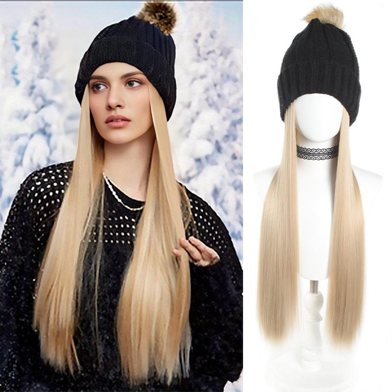 Цветная вязаная шапка, длинный прямой парик, женский синтетический высокотемпературный шелковый парик, модный и теплый, подходит для зимних встреч