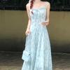 Women's French Blue Floral Sleeveless Long Dress – Summer 2024 Collection, Slimming Waist, Suspender Style