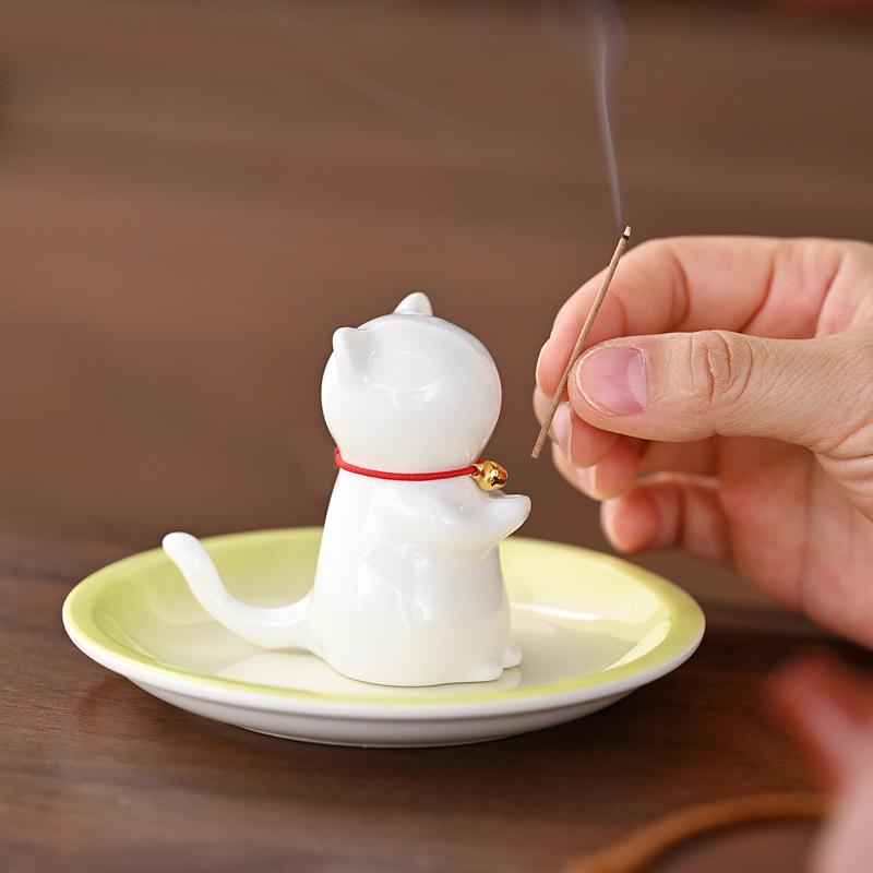Милый керамический подсвечник-кошка для благовоний, украшение для дома, держатель для линейных благовоний для чайного столика | Храмы, студии йоги, домашний декор