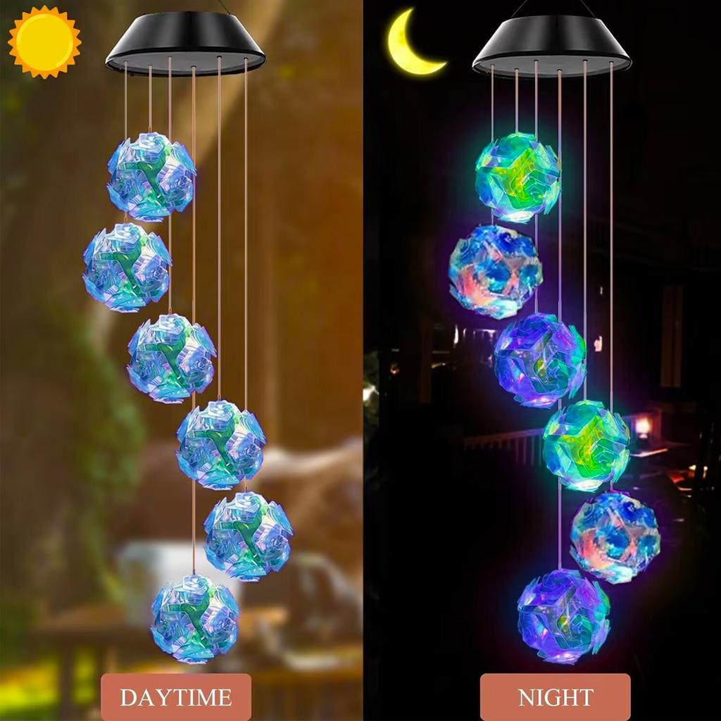 1pc Solar Blue Laser Disco Ball Wind Chime Lights Solar Powered 6 LED Waterproof Outdoor Decorative Lamp For Home Garden Decor