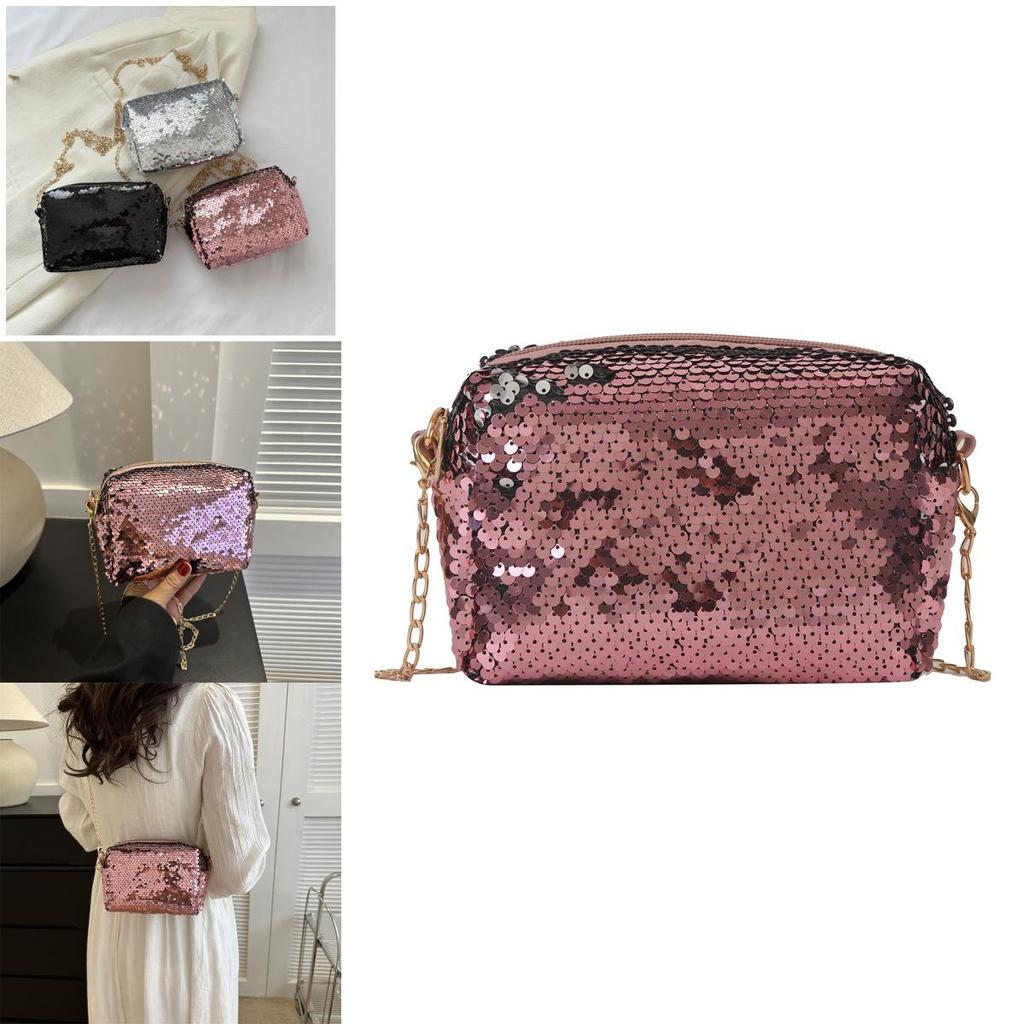 Chic Glitter Small Square Bag With Chain Strap For Summer 2023 In Black Silver Pink