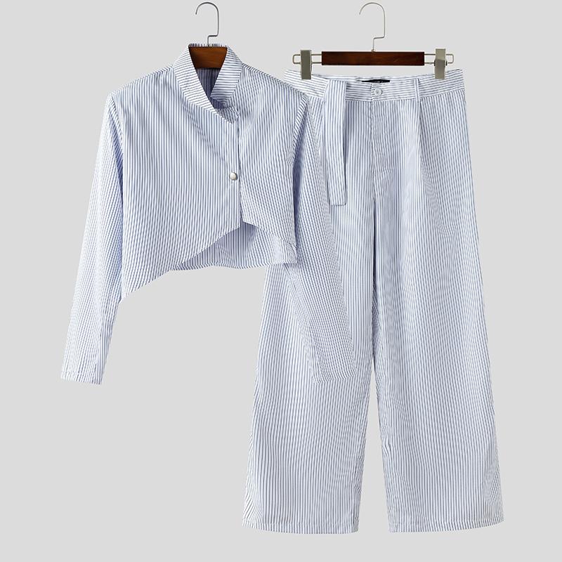 INCERUN Мужские наряды Стойка воротник Полосатый Длинный рукав Кроп-топы На молнии С высокой талией Длинные брюки Комплекты