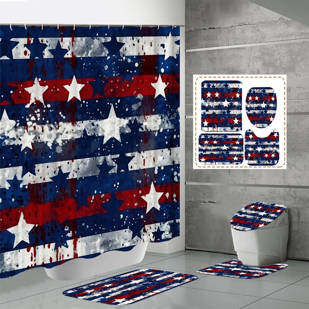 4PCS Shower Curtain Sets With Shower Curtain And Rugs Toilet Lid Rug U Shape Mat And Bath Mat Bathroom Set With 12 Hooks