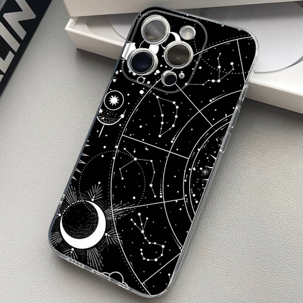 Suns Moons Clouds Astrological Transparent Back Phone Case For iPhone 17 16 15 13 12 11 14 Pro Max Mini Plus Silicone Bumper