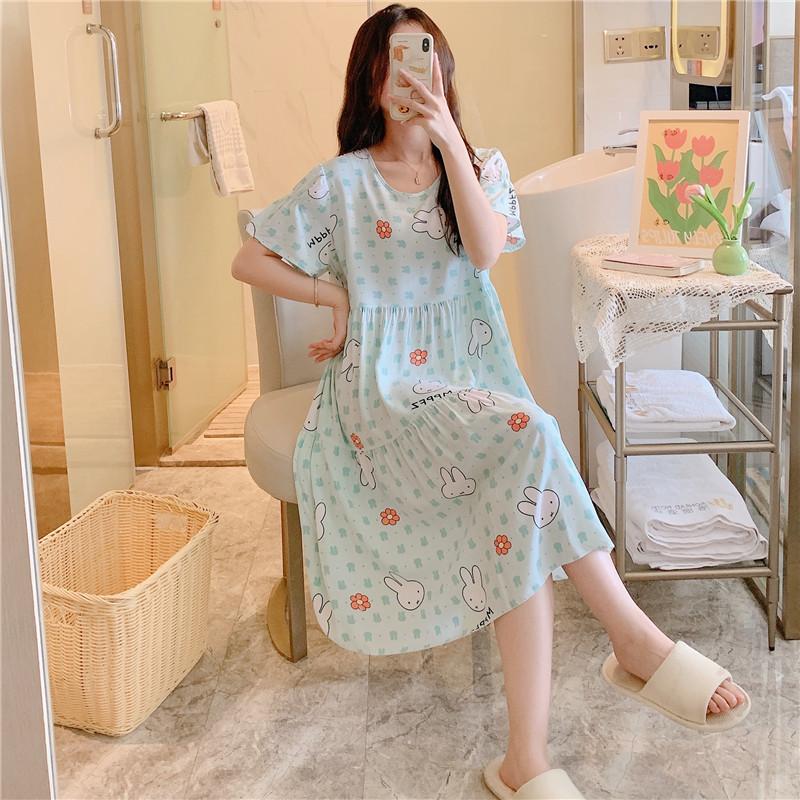 Cotton and silk nightgown women's spring and autumn casual short-sleeved large-size printed pajamas summer thin high-end cotton loungewear