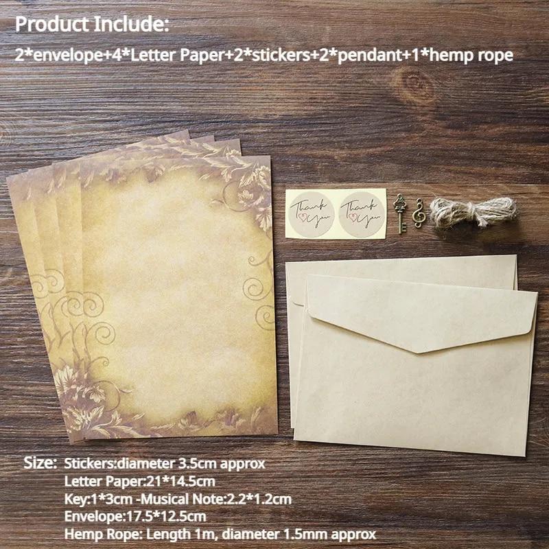 Retro Stationery Kraft Paper Letter Paper with Envelopes Stickers Hemp Rope Pendant Decorations Keys Musical Note Writing Paper